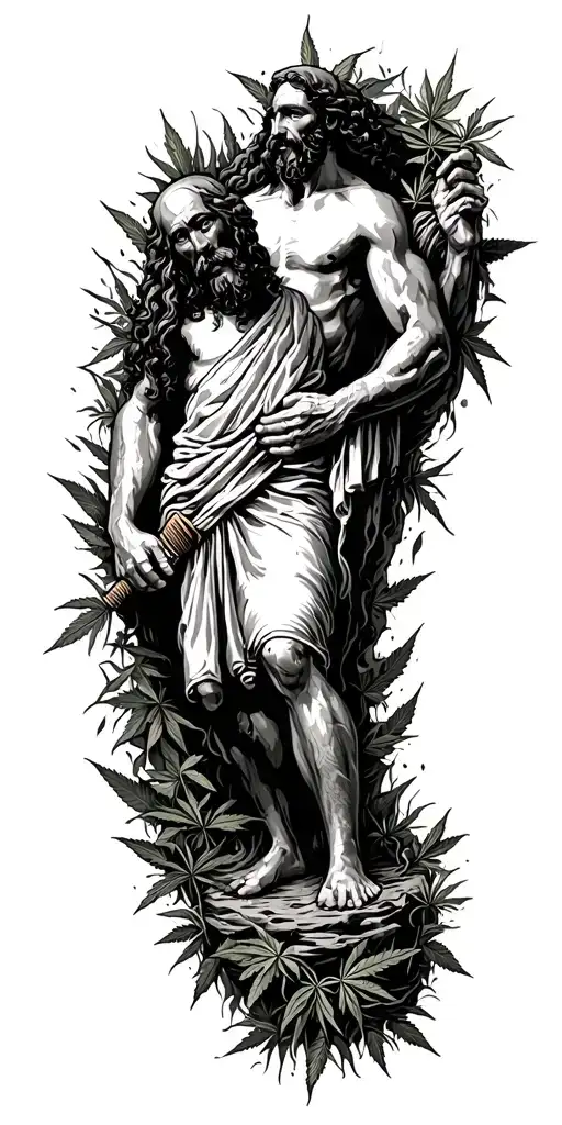 Chicano style illustration of the allegory of Plato's cave finding weed breaking free tattoo design idea