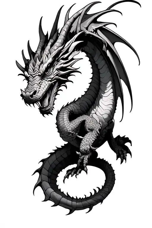 realistic dragon climbing up my bicep, wings half cocked, black and grey tattoo design idea