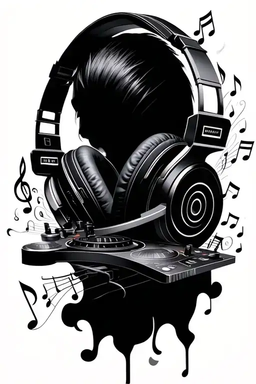 cdj and headphones and music notes floating gracefully tattoo design idea