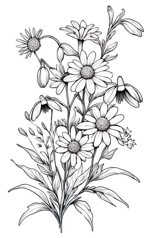 spinal cord with snowdrop, daisy and larkspur flowers   tattoo design idea