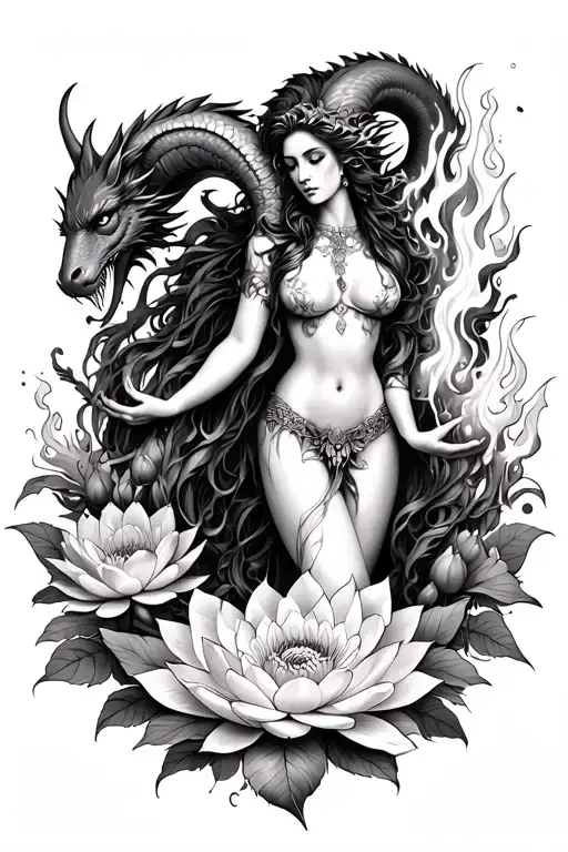 Aries sexy goddess surrounded by poeny and lotus flowers and dragons holding fire tattoo design idea