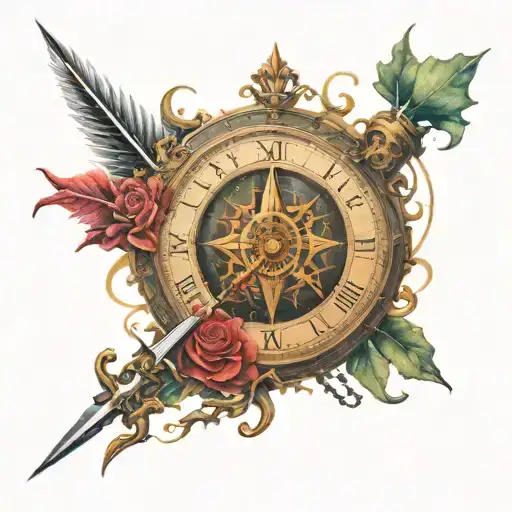 broken compass combined with a broken clock with a sword tattoo design idea