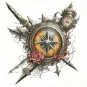 broken compass combined with a broken clock with a sword tattoo design idea