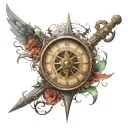 broken compass combined with a broken clock with a sword tattoo design idea