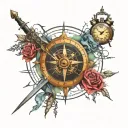 broken compass combined with a broken clock with a sword tattoo design idea