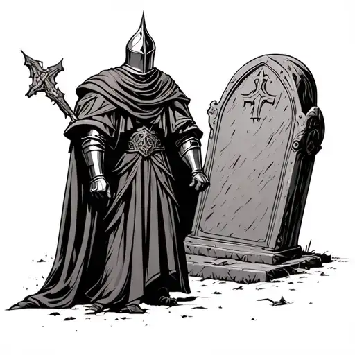 knight in robes facing a blank grave stone  tattoo design idea