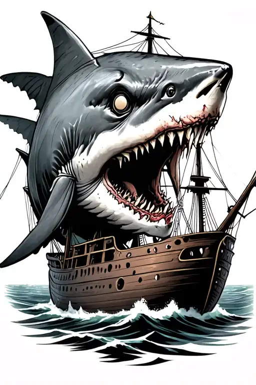 zombie shark with a tattered pirate ship tattoo design idea