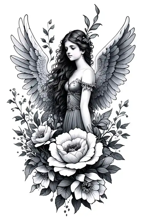angel and flowers intertwined tattoo design idea