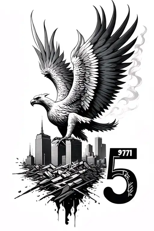 Blackwork half-sleeve tattoo of a smoke phoenix rising from the rubble of 9/11 twin towers.  Incorporating the numbers 5 tattoo design idea