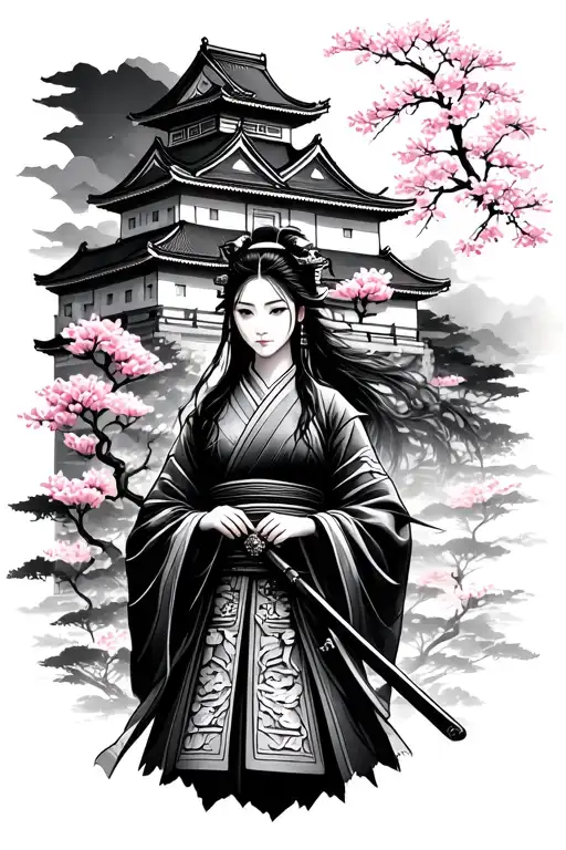 japanese lady holding samurai background castle ang sakura tree tattoo design idea