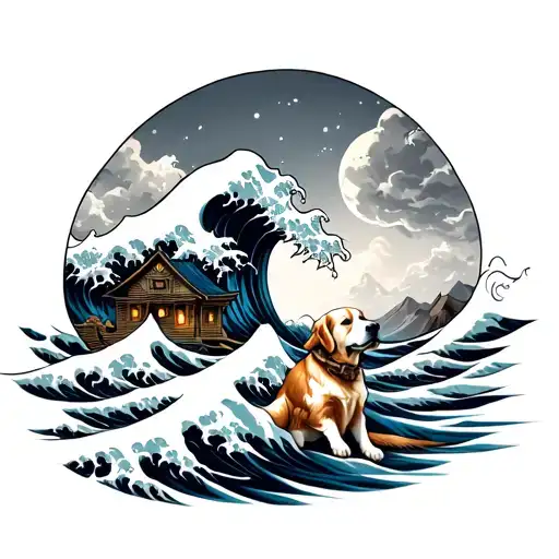Can you make me a tattoo with a Japanese great wave and a lotr hobbit house with a golden retriever all as a triba tattoo design idea