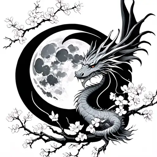 dragon flying close to the moon with cherry blossoms tattoo design idea