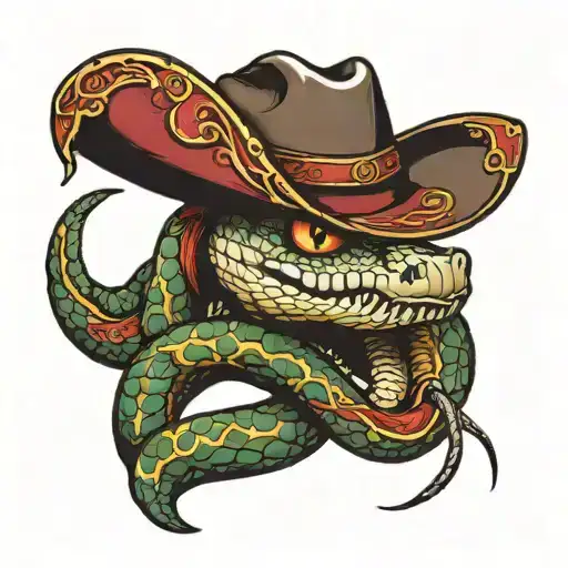A snake weaing a cowboy hat on its head and a red bandana around its neck tattoo design idea