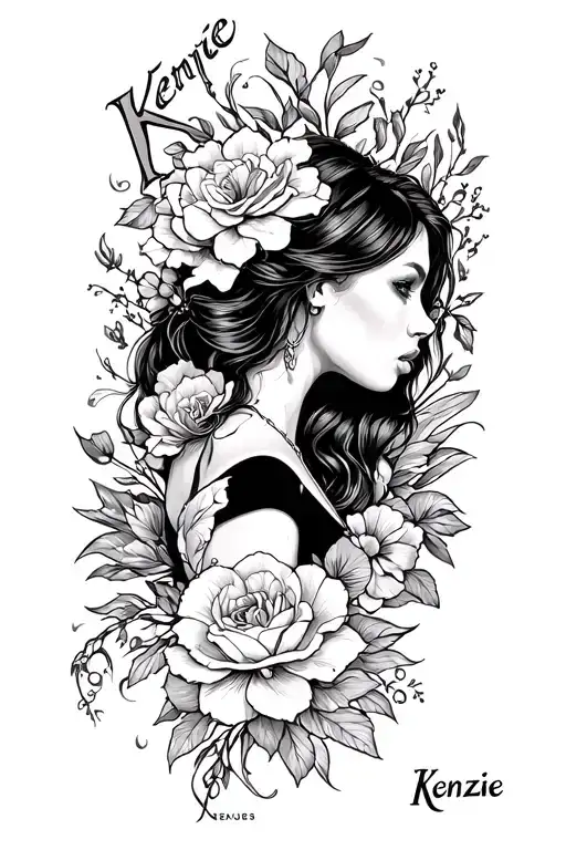 MY GIRLFRIENDS NAME (KENZIE) ON MY FORE ARM WITH COOL DEGINS AROUND IT AND MAKE IT REAL DETAILED tattoo design idea