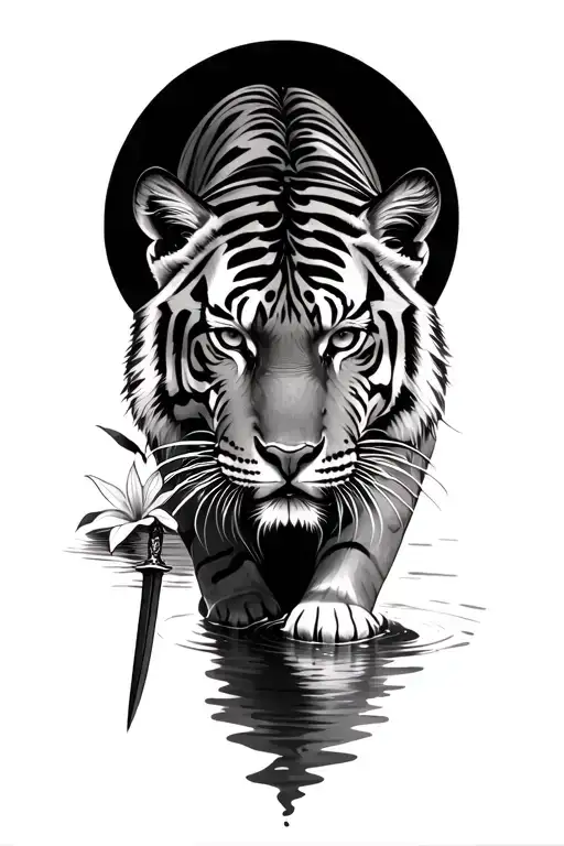 tiger stalking in shallow water with dagger and lillys tattoo design idea