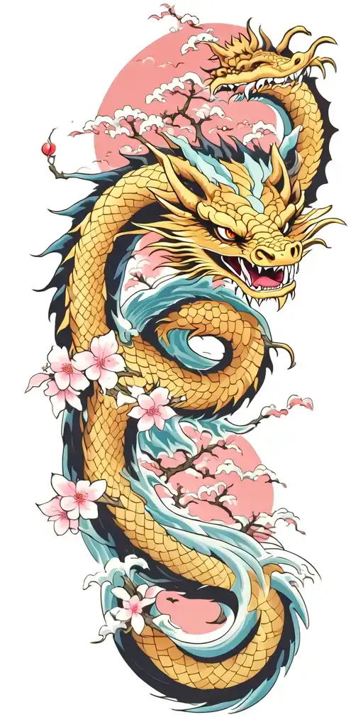 A fierce dragon emerging from the ocean waves with cherry blossom trees in the background tattoo design idea