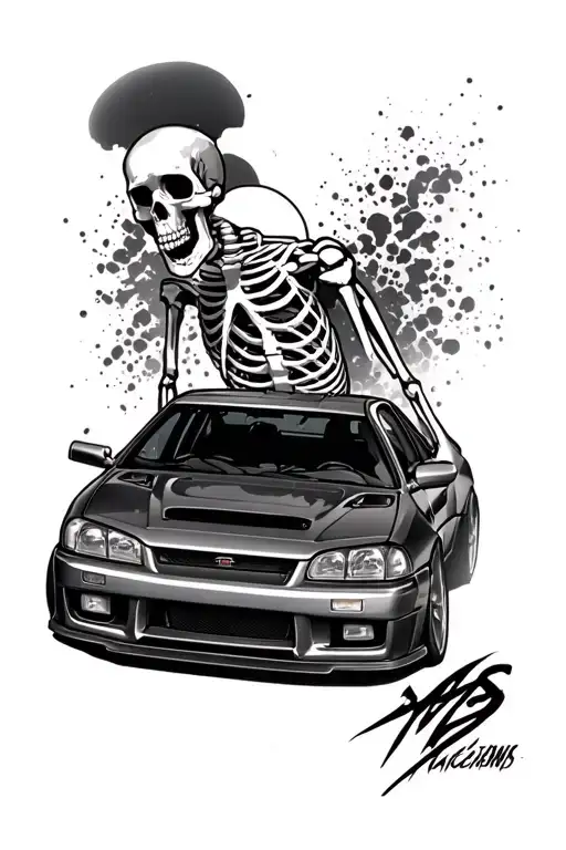 skeleton drifting a nissan r34 skyline car tattoo design idea