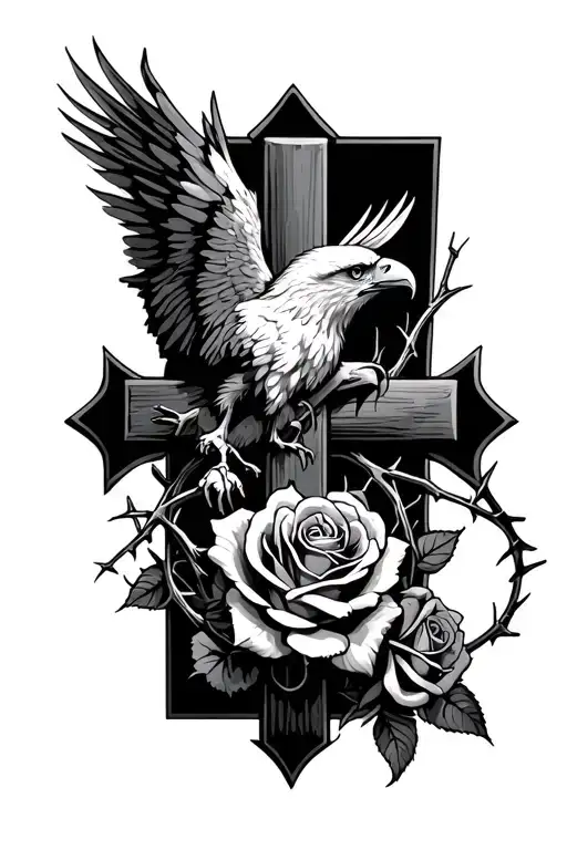 roses, cross, eagle, crown of thorns intertwined tattoo design idea
