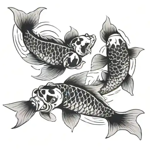 two koi fish that are white and black mottled, not uniform colored, swimming together with minimalist details around  tattoo design idea