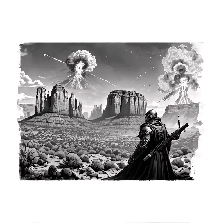 300 style warrior looking out in the distance of explosions, war, and chaos near Cathedral Rock in Sedona, AZ tattoo design idea