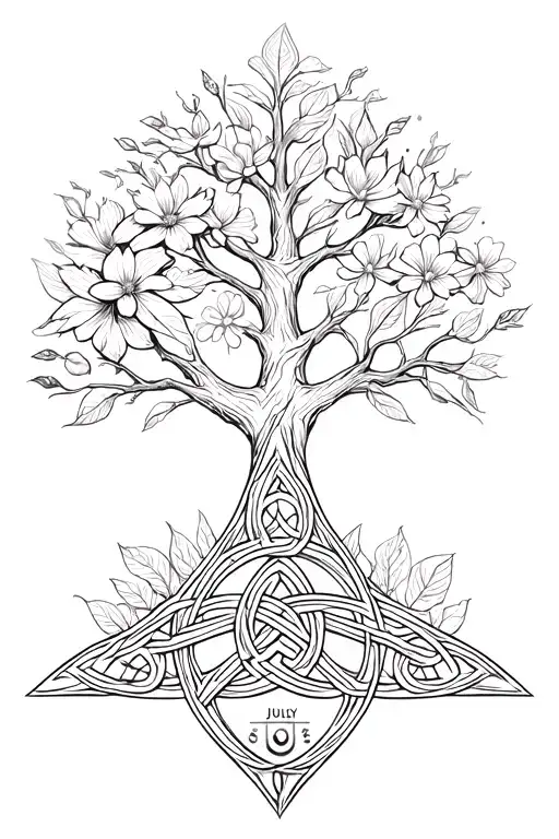 Tree with September, December,  April and July flowers growing at the base with Celtic trinity knot and viking symbols a tattoo design idea