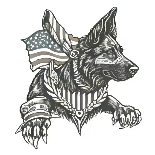 black German shepherd with American flag wrapped with military police badge  tattoo design idea
