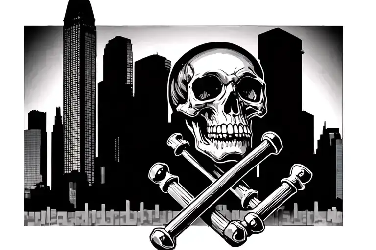 Houston skyline with skull and screws tattoo design idea