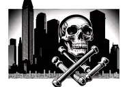 Houston skyline with skull and screws tattoo design idea