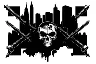 Houston skyline with skull and screws tattoo design idea