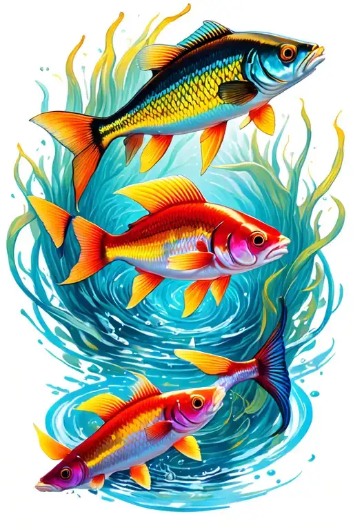 overhead view of wildly colorful fish in a pond with shadows tattoo design idea