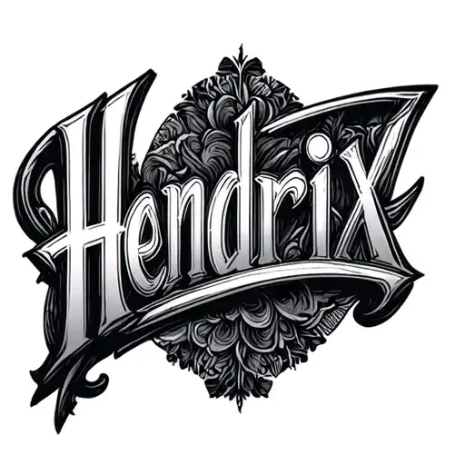 The word "Hendrix" written in a thin arched tattoo style font. black and wh tattoo design idea