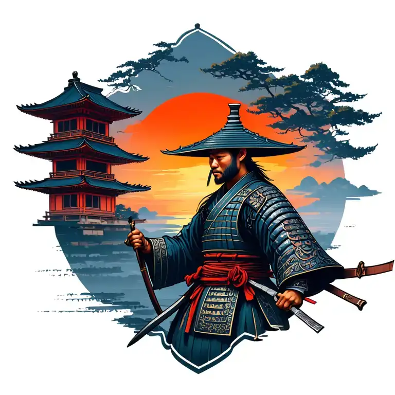 samurai, sunrise integrated, old japanese palace surrounded tattoo design idea