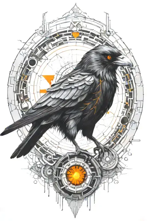 cyberpunk synthetic raven with orange robotic eyes inside cyber circle and microschemes tattoo design idea
