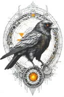 cyberpunk synthetic raven with orange robotic eyes inside cyber circle and microschemes tattoo design idea