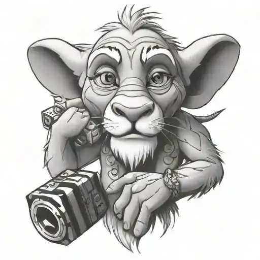 Rafiki from lion king holding a dumbell in one hand and a rubiks cube in the other hand tattoo design idea