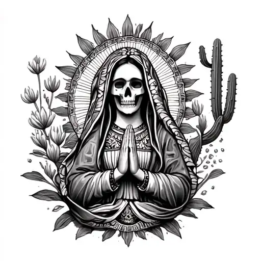 Lady of Guadalupe skull form praying, mexico, cactus  tattoo design idea