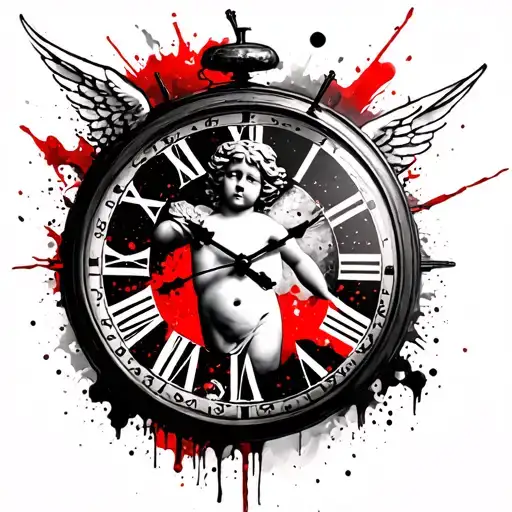 Cherub angel clock surrounded tattoo design idea