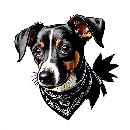 American Traditional Tattoo style black and grey Jack Russel Terrier dog looking to the side with a bandana on tattoo design idea