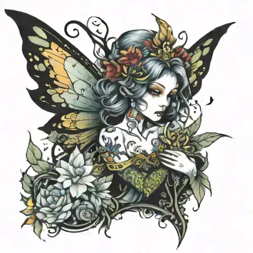 Create a dark fantasy tatoo with a little colour. a fairy being displayed from head to toe...  tattoo design idea