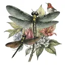 A dragonfly and cardinal and hummingbird in a landscape   tattoo design idea