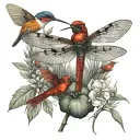 A dragonfly and cardinal and hummingbird in a landscape   tattoo design idea