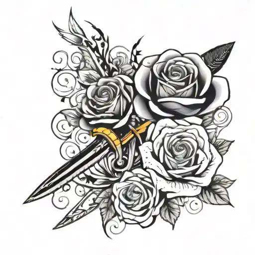 rose with a knife and a quote tattoo design idea