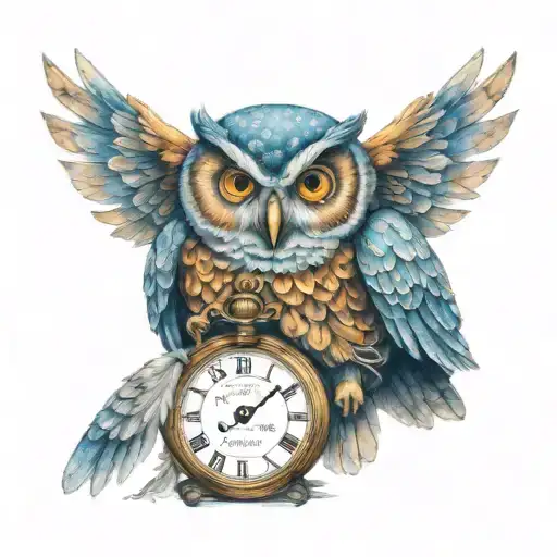 HD watercolour wise owl holding vintage pocket watch, owl has Angel wings. words Time takes time. colourful, realism.  tattoo design idea