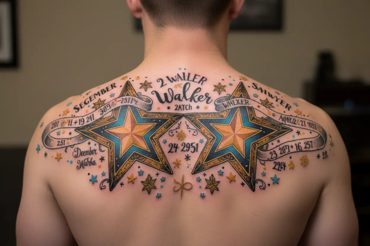 stars representing 2 grandchildren the names are Sawyer and Walker born in December and April tattoo design idea