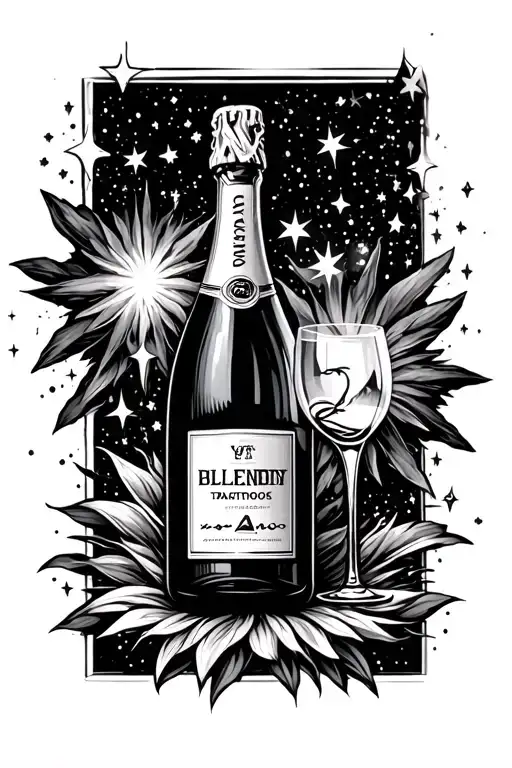 champagne bottle with supernova and pretty stars coming from top tattoo design idea