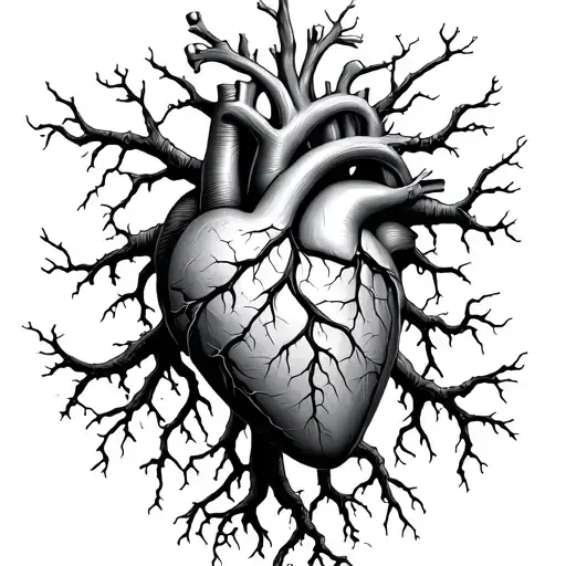 Anatomical heart with roots and small bones growing out of it; the cardiac surface has worn cracks tattoo design idea