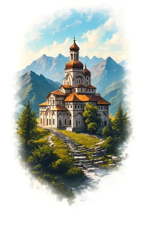 sapanta peri monastery with romanian mountains across tattoo design idea