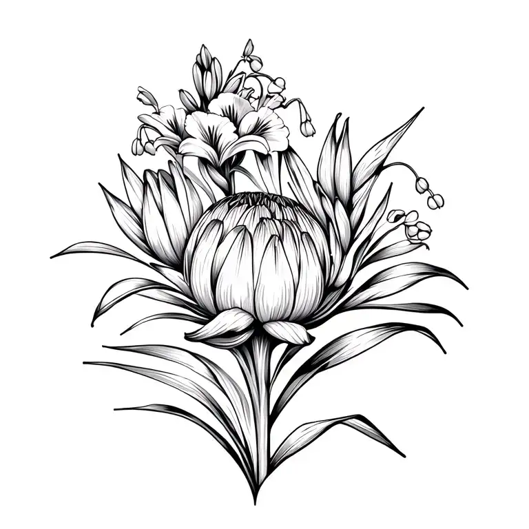 protea, gladiolus, lily of the valley flowers tattoo design idea