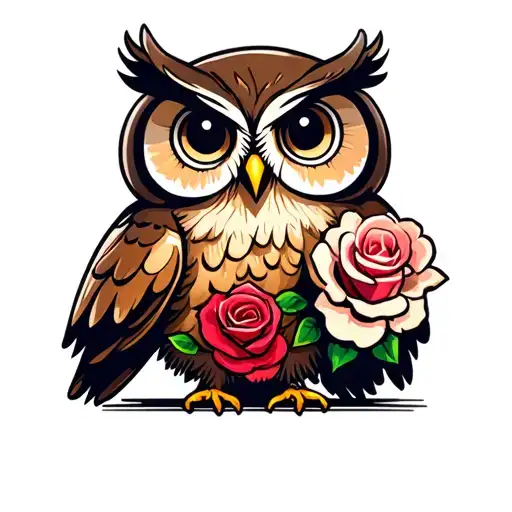 cute owl with roses tattoo design idea