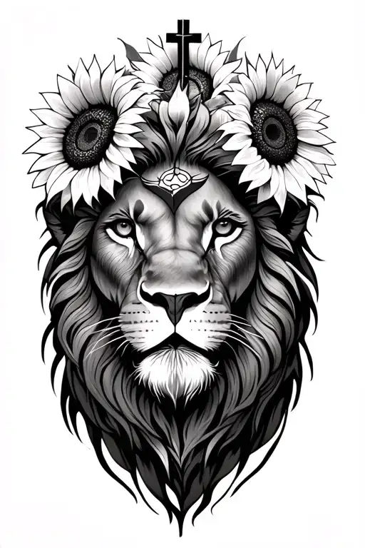 Christian tattoo with a lion head with sunflowers and a cross as an eye of the lion.  tattoo design idea